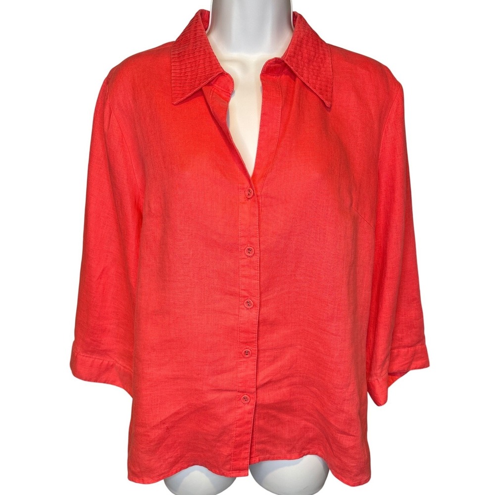 Carole Little Womens Coral Pink 100% Linen Blouse L Breathable Coastal Grandma